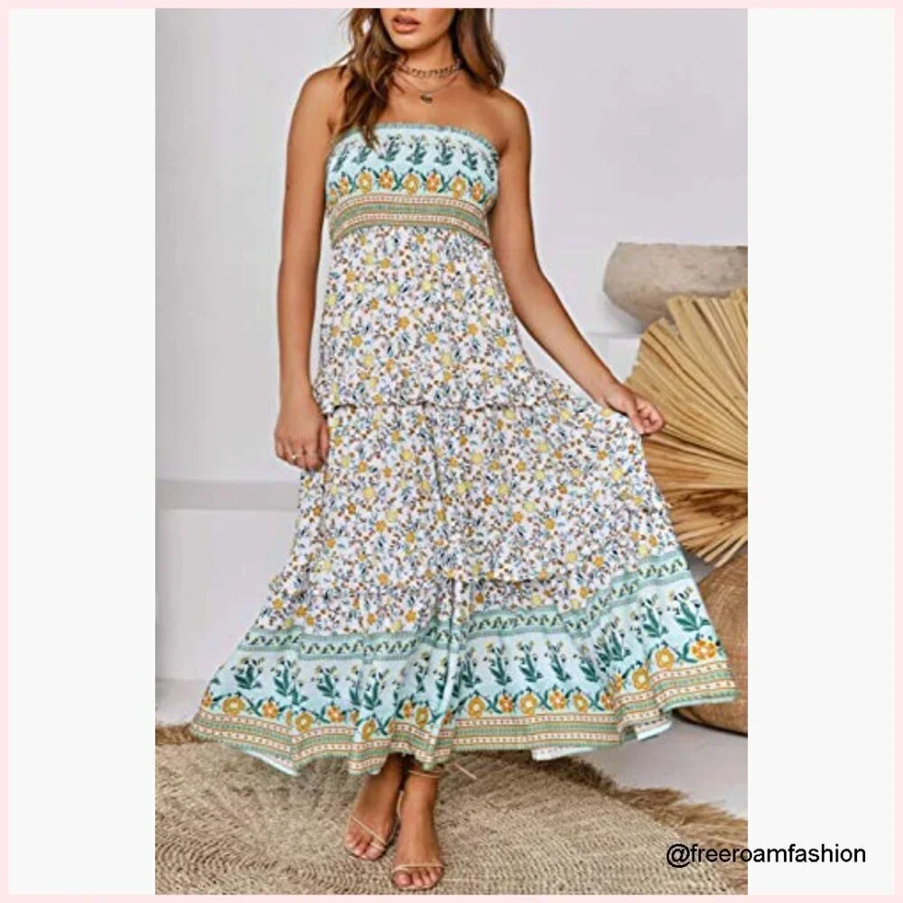 Strapless Maxi Dress Boho Floral Smocked Waist A-Line Summer Beach - Picture 4 of 7